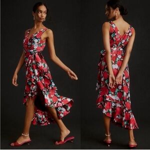 Anthropologie Hutch Floral Poppies Asymmetrical Wrap Maxi Red Pink NWT Size XS